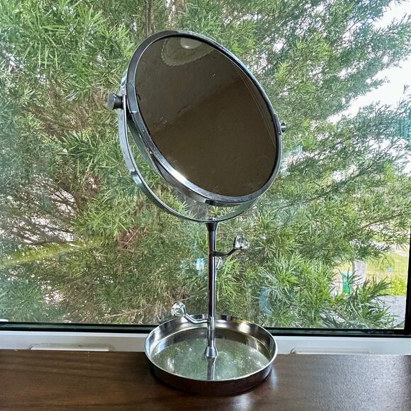 Vintage Chrome Vanity Mirror with Rhinestone Accents and Jewelry Tray – 11” - Picture 9 of 14